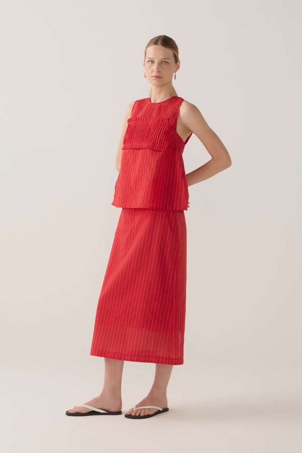Cynthia Skirt | Crimson Pinstripe Cotton Silk