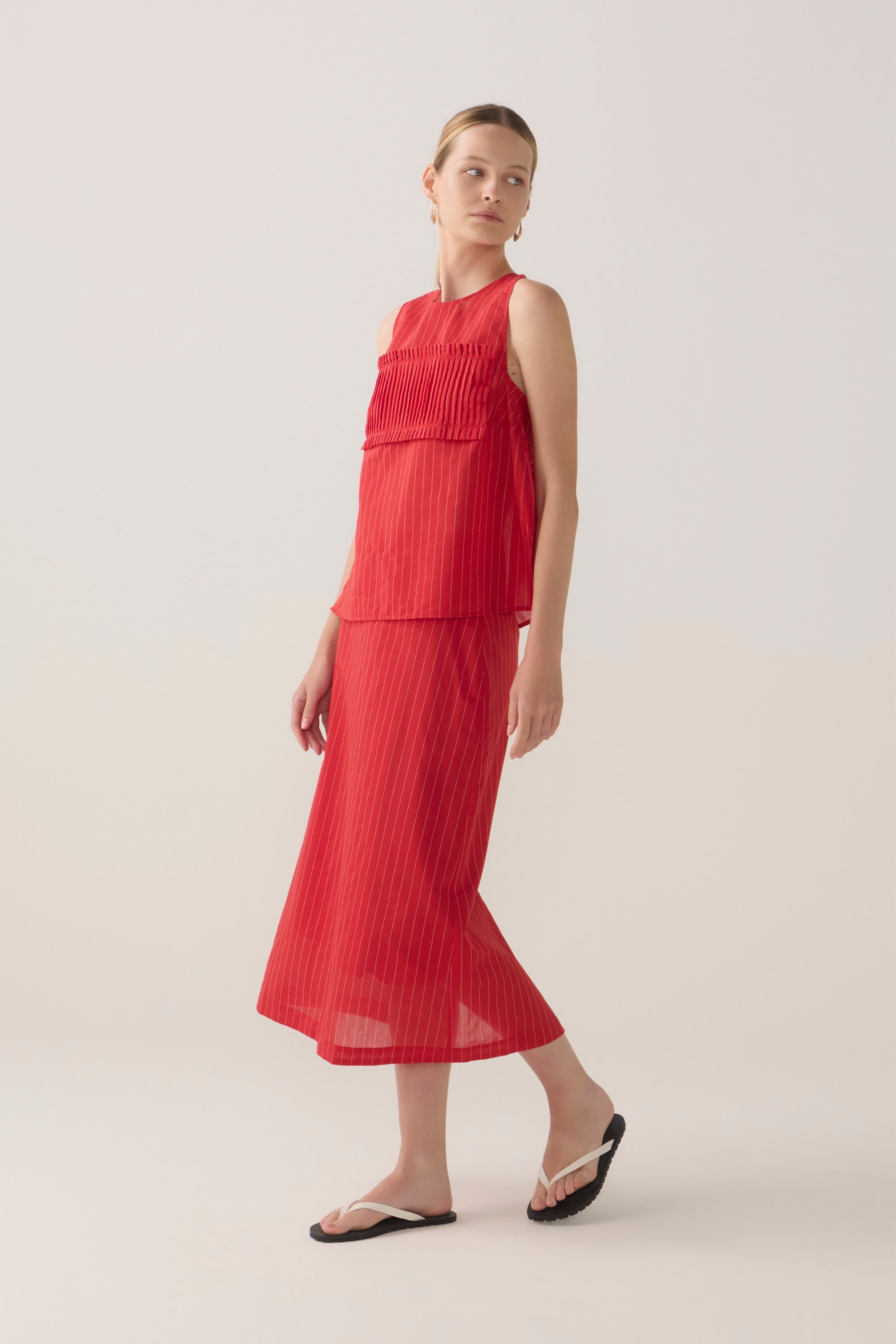 Cynthia Skirt | Crimson Pinstripe Cotton Silk