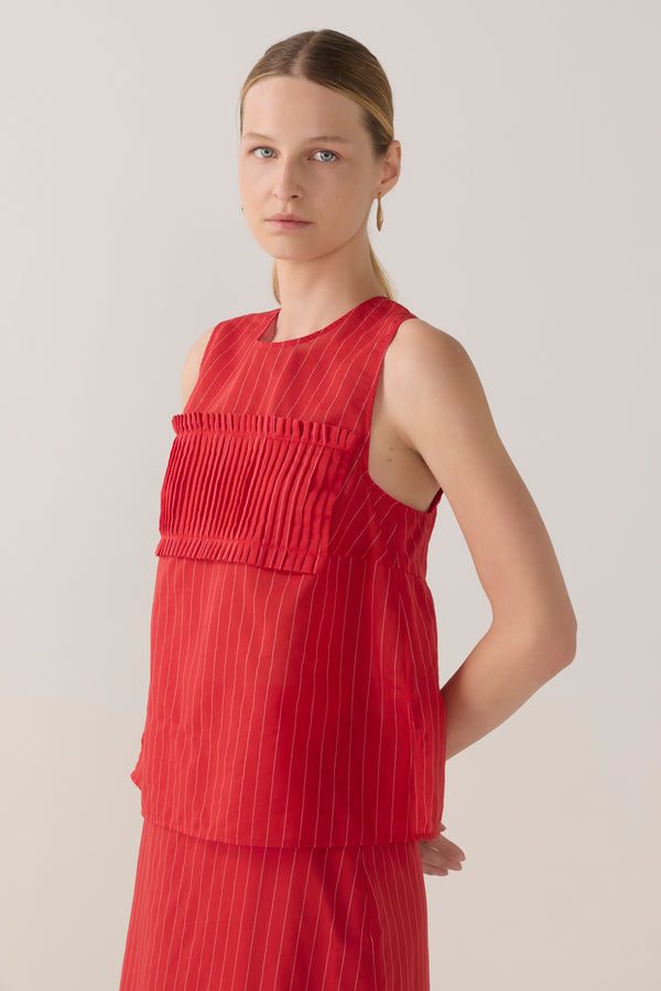 Cynthia Skirt | Crimson Pinstripe Cotton Silk