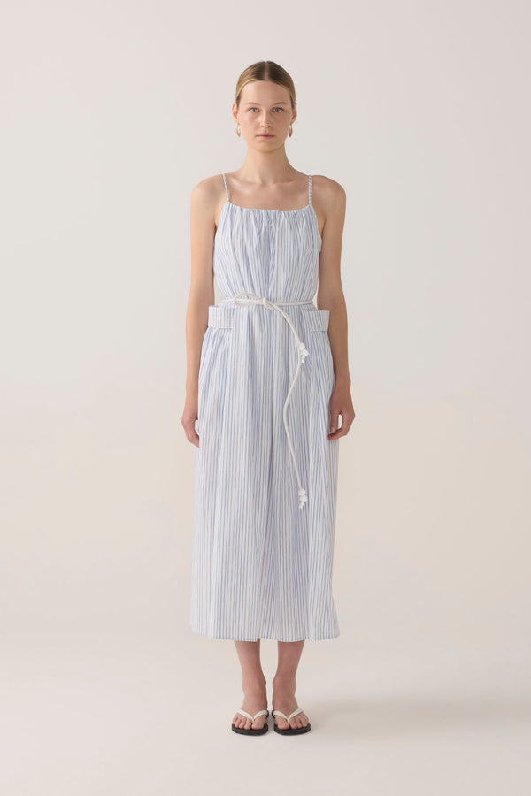 Delphine Dress | Blue Double Stripe Poplin