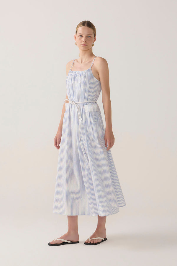Delphine Dress | Blue Double Stripe Poplin