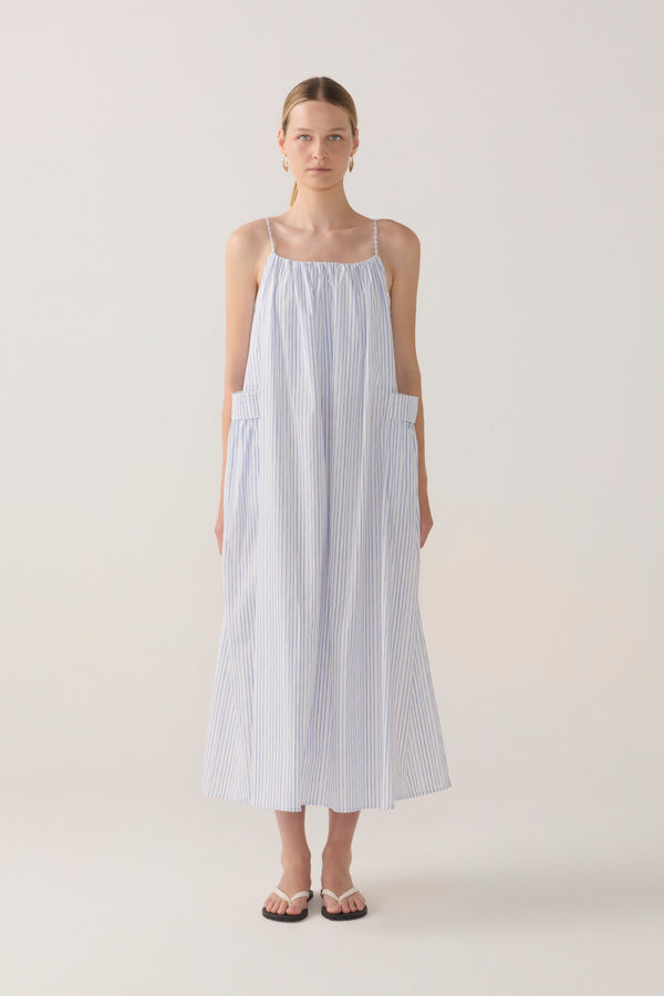 Delphine Dress | Blue Double Stripe Poplin