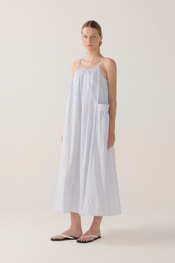 Delphine Dress | Blue Double Stripe Poplin