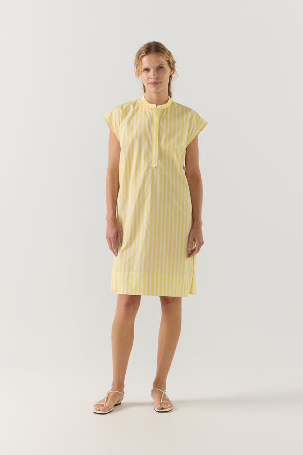 Woman wearing a yellow striped dress on a white background