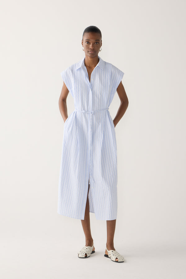 Mona Dress | Blue Stripe Seersucker