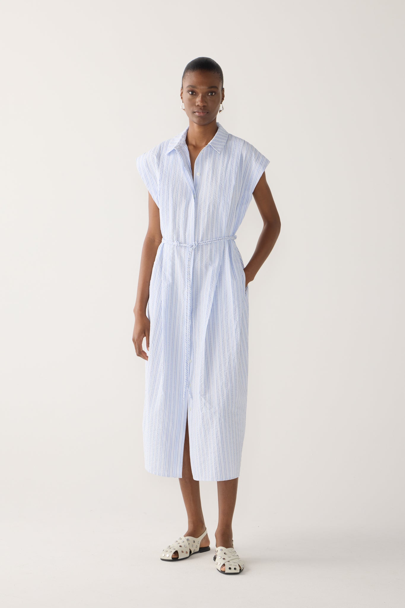 Mona Dress | Blue Stripe Seersucker