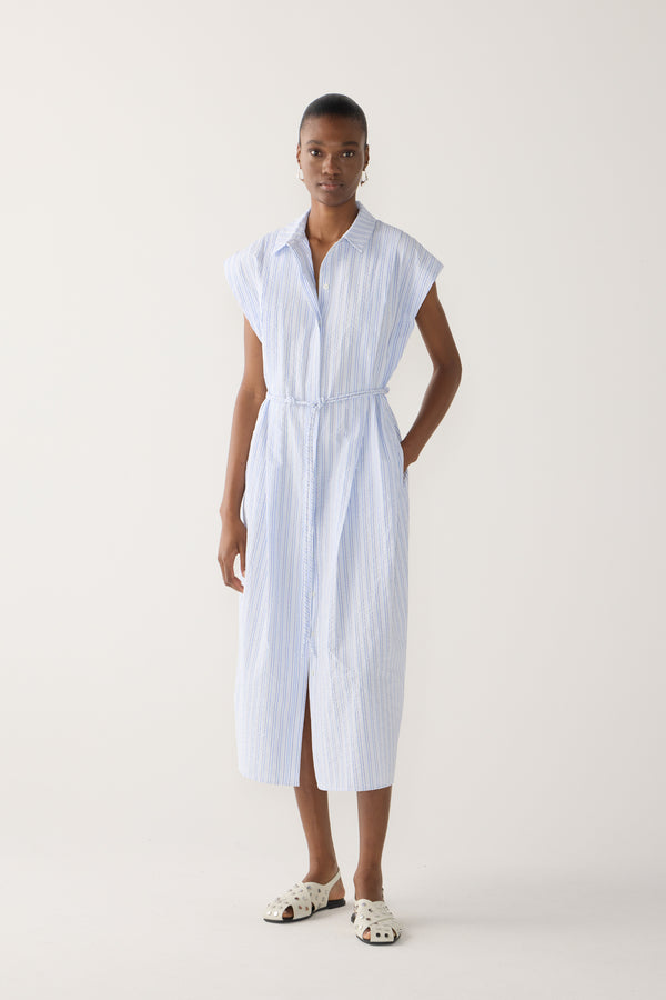 Mona Dress | Blue Stripe Seersucker