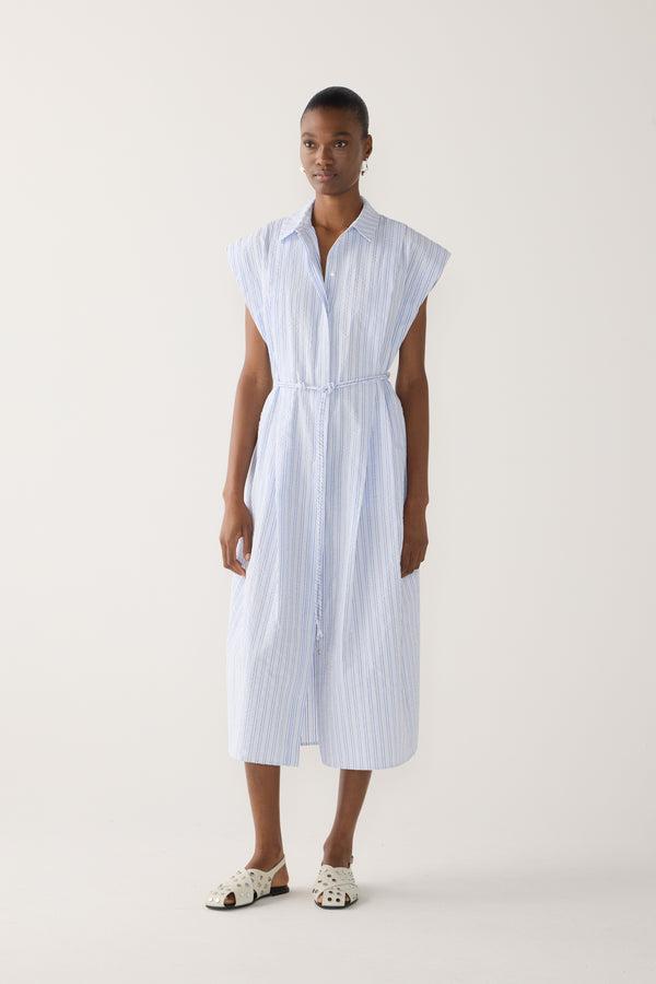 Mona Dress | Blue Stripe Seersucker