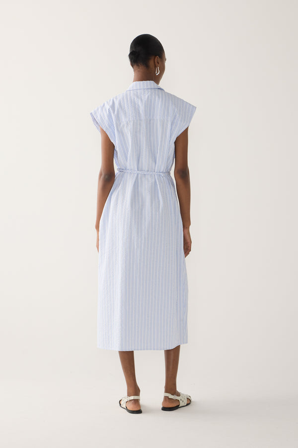 Mona Dress | Blue Stripe Seersucker