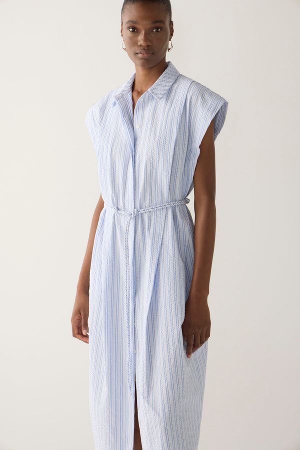 Mona Dress | Blue Stripe Seersucker