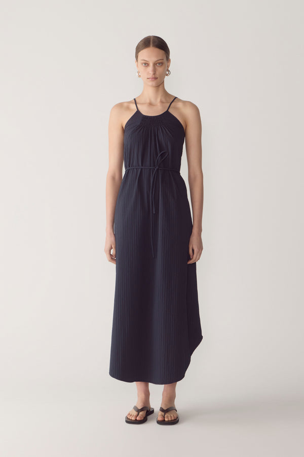 Morgan Dress | Navy Textured Stripe