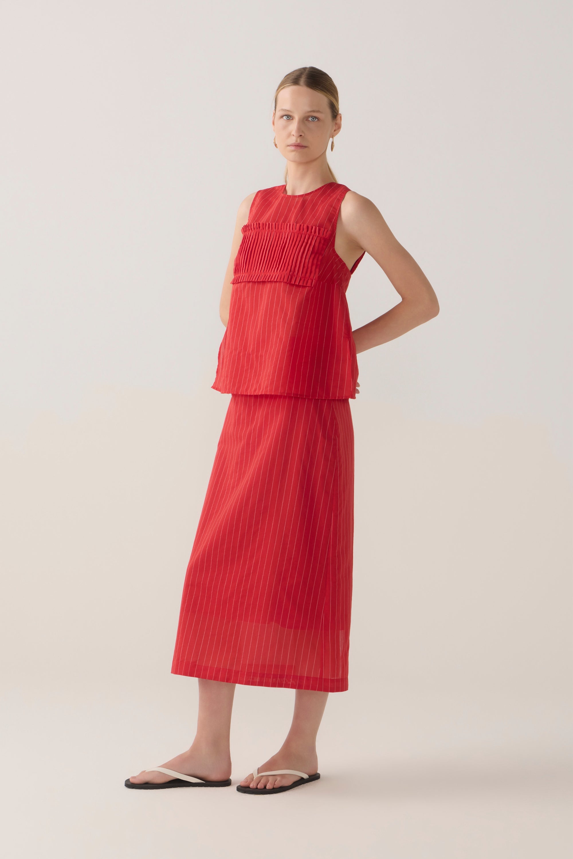Marissa Top | Crimson Pinstripe Cotton Silk