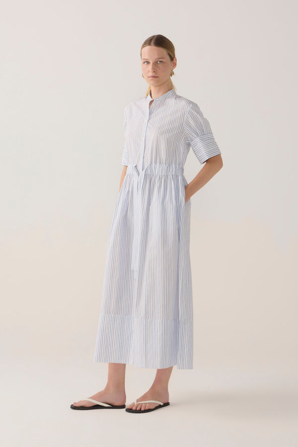 Nell Dress | Blue Double Stripe Poplin