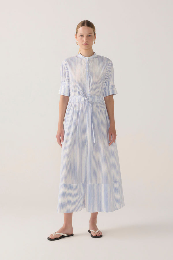 Nell Dress | Blue Double Stripe Poplin