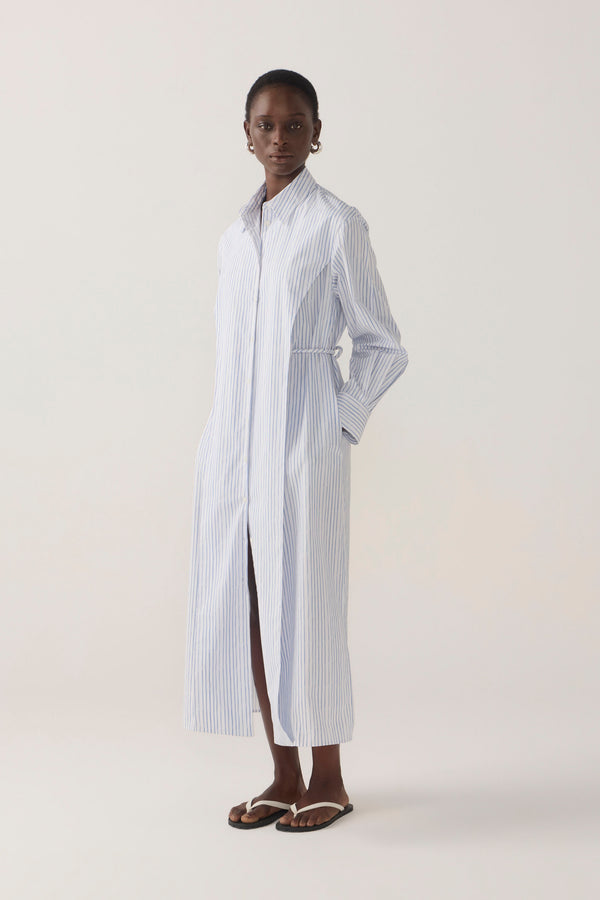 Rumi Dress | Blue Double Stripe Poplin