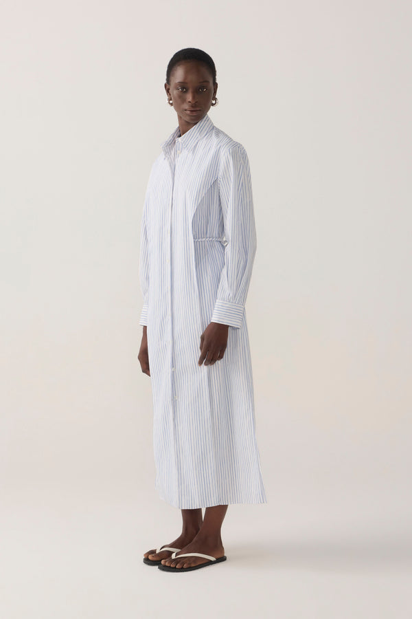 Rumi Dress | Blue Double Stripe Poplin