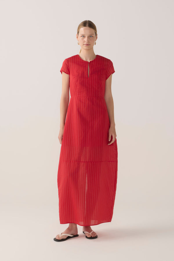 Sapphire Dress | Crimson Pinstripe Cotton Silk