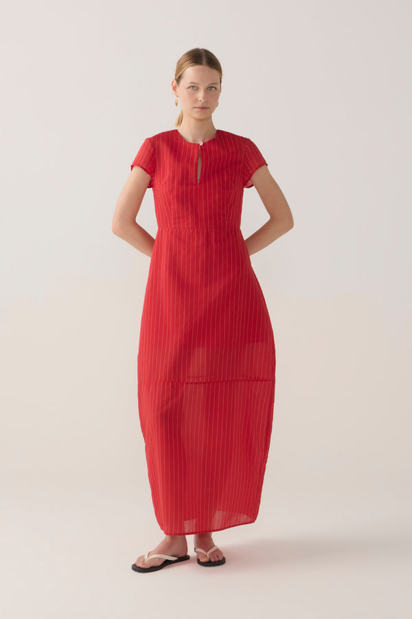 Sapphire Dress | Crimson Pinstripe Cotton Silk