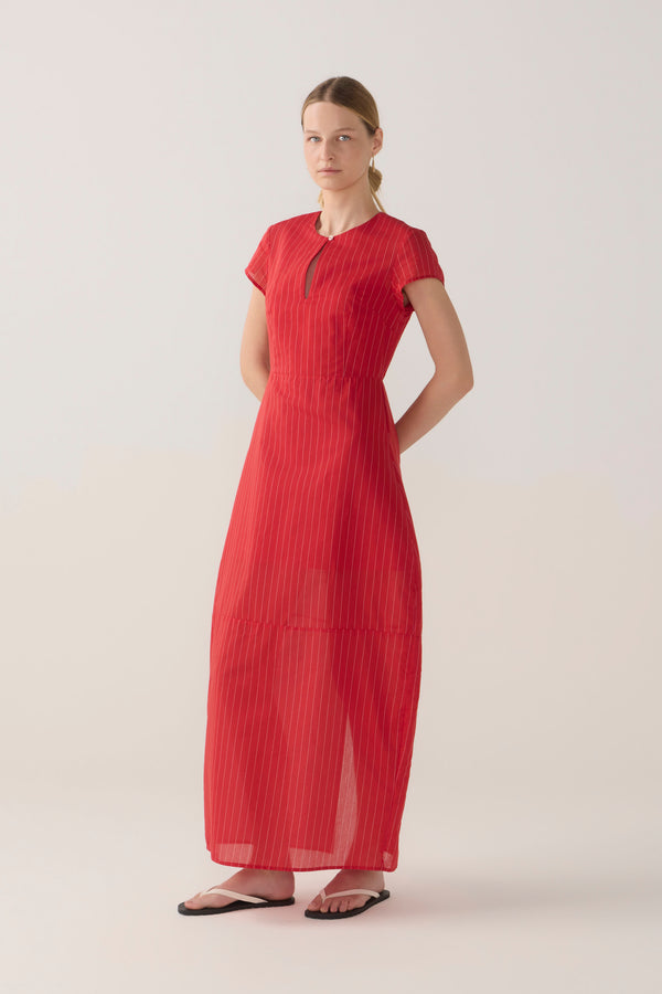 Sapphire Dress | Crimson Pinstripe Cotton Silk
