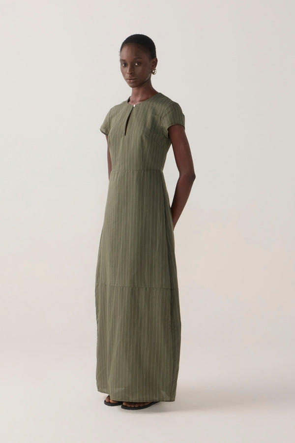 Sapphire Dress | Pine Pinstripe Cotton Silk
