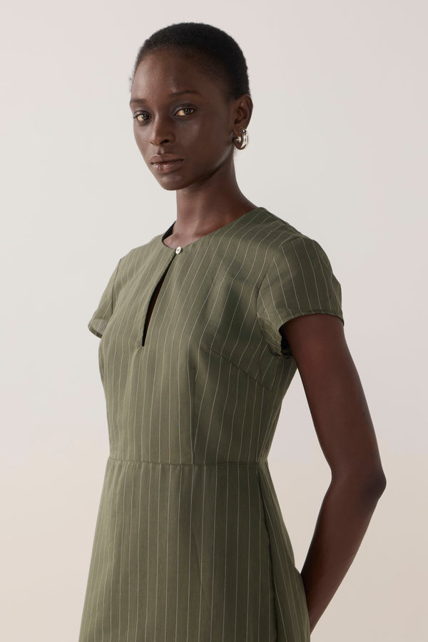 Sapphire Dress | Pine Pinstripe Cotton Silk