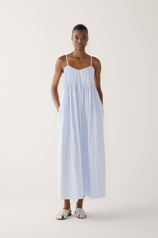 Viv Dress | Blue Stripe Seersucker