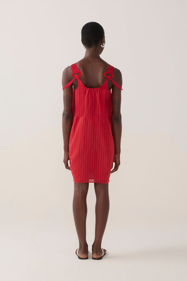 Zoey Dress | Crimson Pinstripe Cotton Silk
