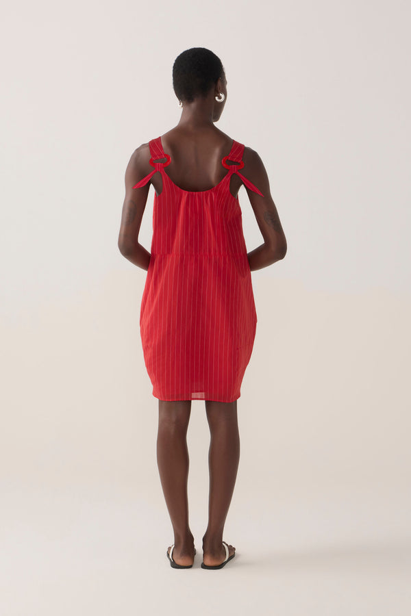 Zoey Dress | Crimson Pinstripe Cotton Silk