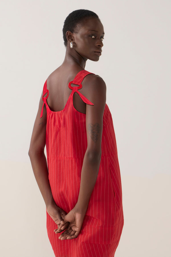 Zoey Dress | Crimson Pinstripe Cotton Silk