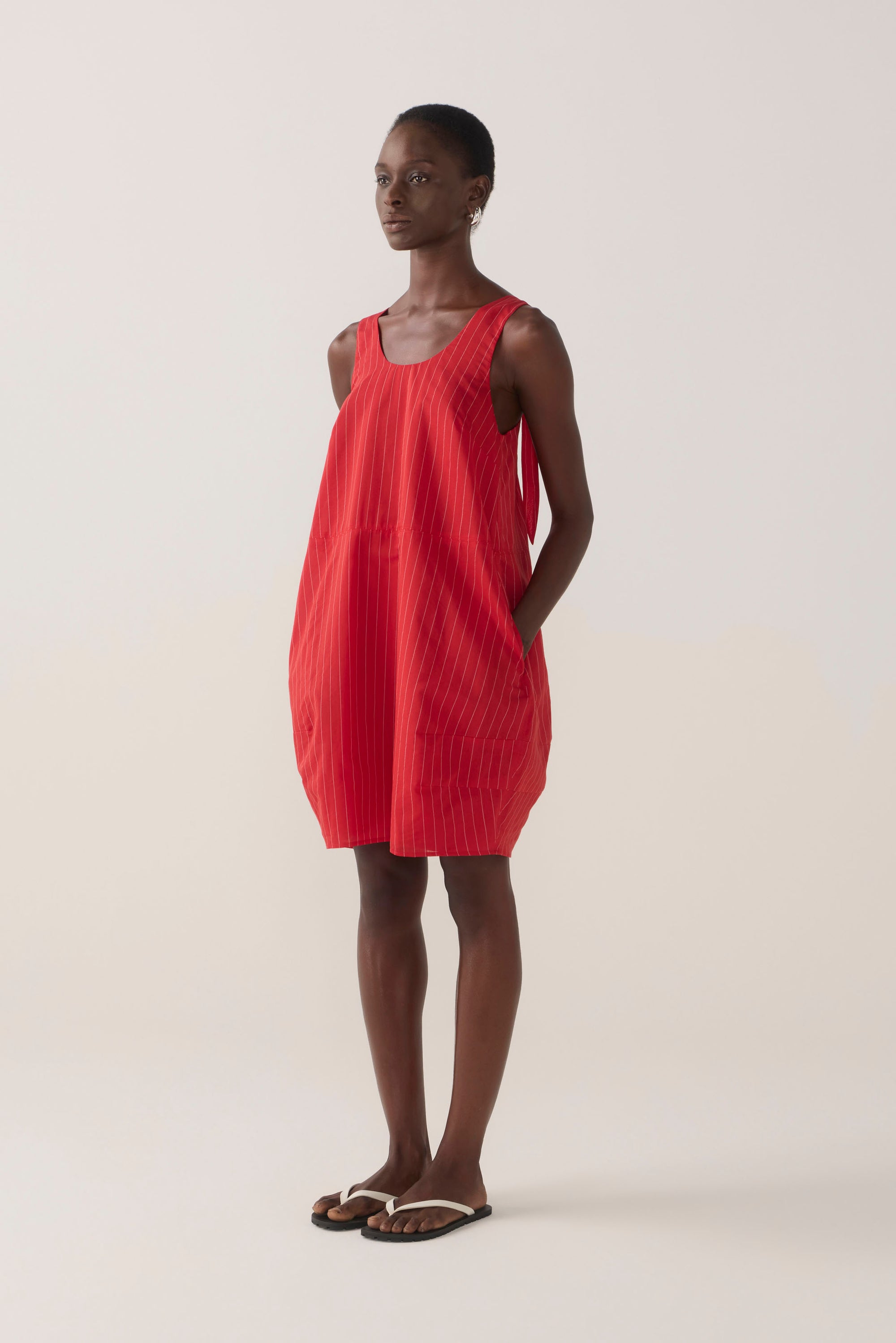 Zoey Dress | Crimson Pinstripe Cotton Silk