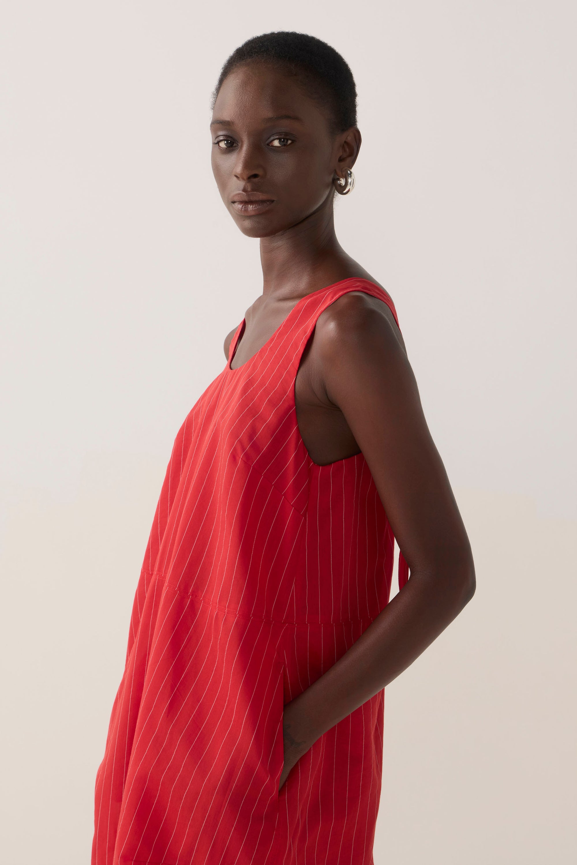 Zoey Dress | Crimson Pinstripe Cotton Silk